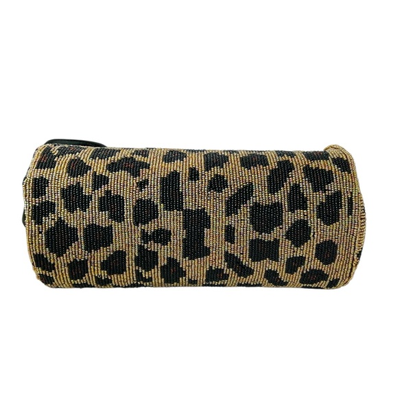 Vintage Beaded Leopard Print Barrel Bag Purse Double Handles - Picture 8 of 9